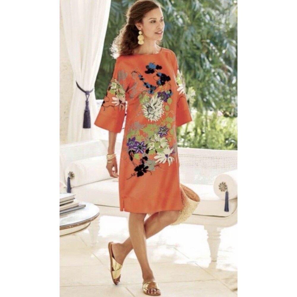 Soft Surroundings Womens Medium Floral Satin Shift Dress Tunic Kimono 3/4 Sleeve